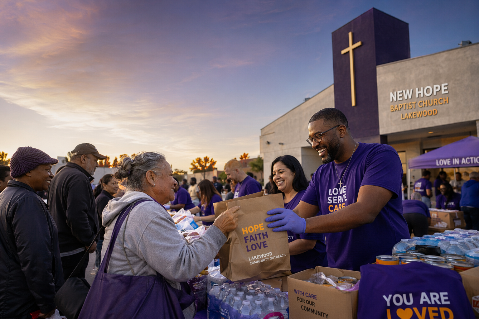 Volunteers sharing food, care, and encouragement in the local community