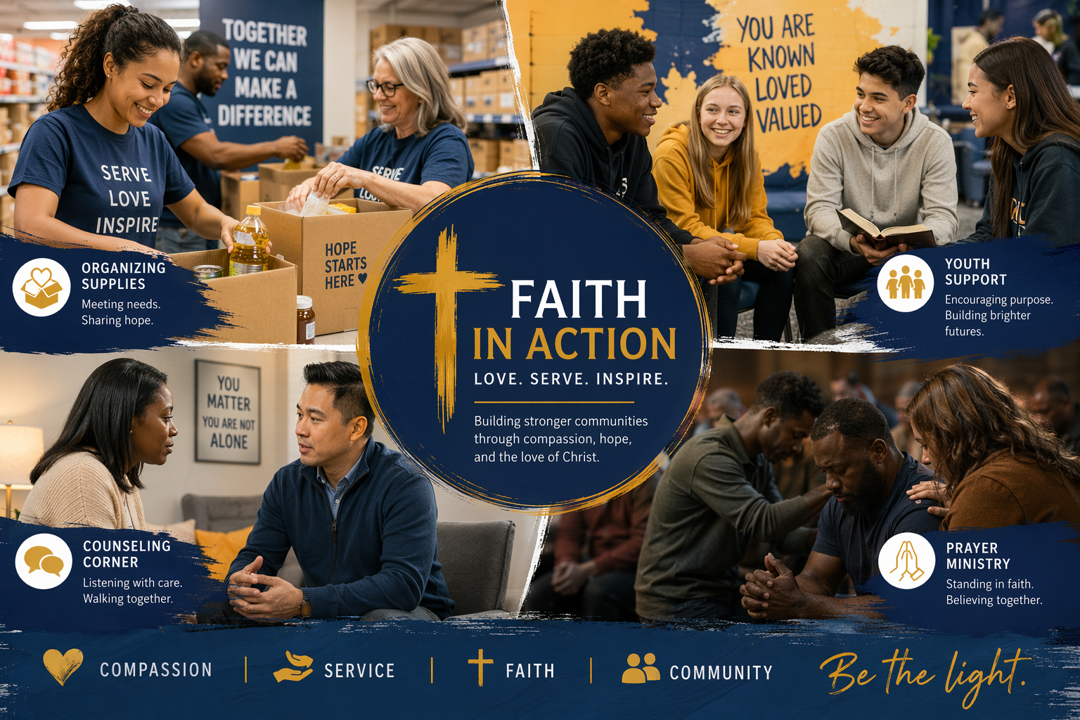 Ministry planning table with outreach resources and volunteers